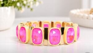 Yellow Alloy Hot Pink AB Crystal Inlay Stretch Bracelet